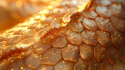 The intricate patterns of a dragon's scales illuminated by the golden light of dawn, casting shimmering reflections - obrazy, fototapety, plakaty