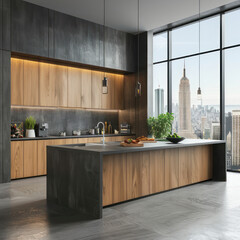 Modern and elegant kitchen, with black and wooden cupboards and big window with blinds
 - obrazy, fototapety, plakaty