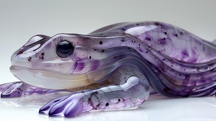   A glass figurine of a purpled-and-white frog sits askew on a pristine white surface
