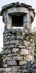 Old village well, close up, stone structure, clear sky, timeless 