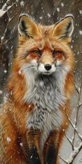 Fox in snow, close up, alert ears, fluffy tail, winter backdrop