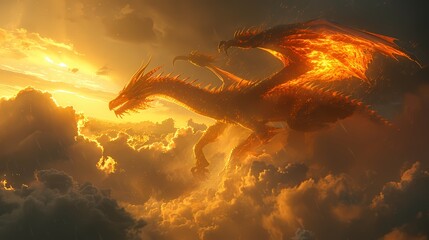 The silhouette of a dragon against a backdrop of billowing clouds, its wings spread wide as it...