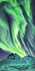 Aurora borealis dancing, close up, above snowy mountain, ethereal glow