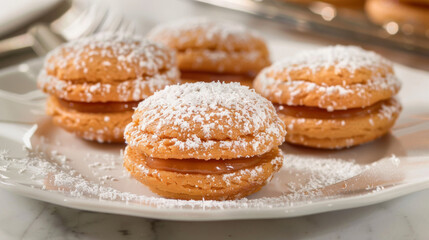 Obraz na płótnie Canvas Delicious alfajores filled with dulce de leche and dusted with powdered sugar on a white plate