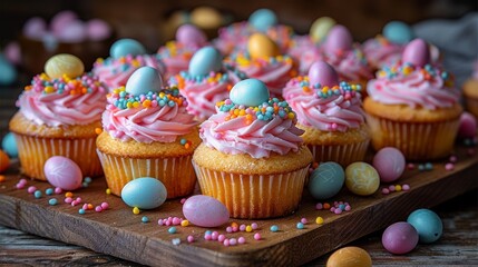   A tight shot of a tray filled with cupcakes, each topped with frosting and colorful sprinkles, situated on a table - obrazy, fototapety, plakaty