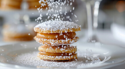Classic alfajor cookies from argentina, filled with dulce de leche and sprinkled with powdered sugar - obrazy, fototapety, plakaty