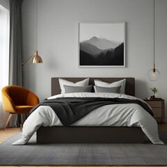 Bedroom Mockup, Wall Frame Mockup, white Paper Size, Modern Home Design Interior, 3D Render