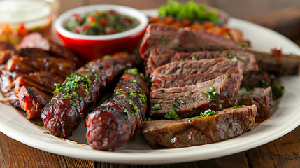 Tasty argentine beef and sausages with a side of chimichurri on a plate - obrazy, fototapety, plakaty