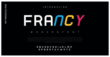 Francy Modern Design vector linear Font for Title, Header, Lettering, Logo, Monogram. Corporate Business Luxury Technology Typeface. Letters, Numbers. - obrazy, fototapety, plakaty
