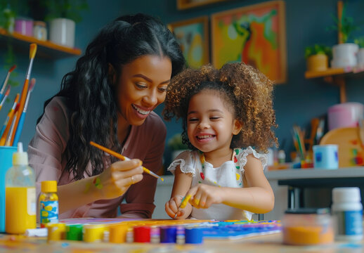 Happy mother and daughter painting together at home, portrait of a smiling African American woman with curly hair sitting casually at a table near a little girl doing an art activity using paints