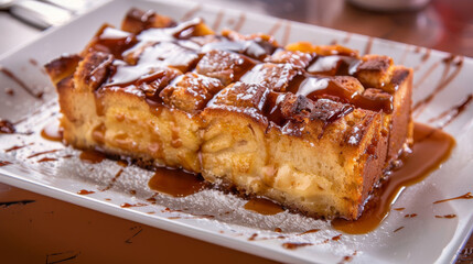 Traditional argentine bread pudding topped with rich dulce de leche sauce and powdered sugar - obrazy, fototapety, plakaty