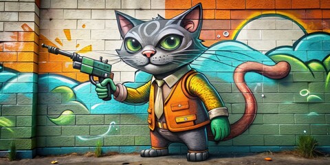 Colorful Street Art with Cartoon Cat 3D
