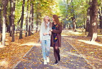 Fototapeta premium Fashionable beautiful young girlfriends walking together in the autumn park background. Having fun and posing.