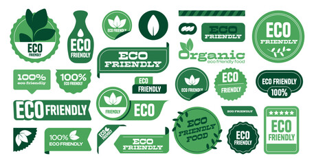Eco friendly logo. Eco green leaf label, natural organic concept, energy conservation and recycling, organic product stamp. Vector isolated set. Package badges of different shapes for retail