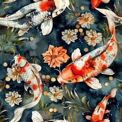 watercolor seamless pattern with koi carps. white and red fish in the pond