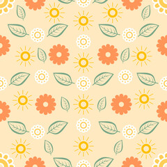 seamless pattern of flowers, leaves and sun in yellow, orange and green, spring and summer design with natural elements, repeating texture of flowers and leaves, ideal for fashion, textiles and paper 