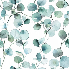 Seamless pattern with watercolor eucalyptus leaves on a white background. green leaves of a tropical plant. Vintage background for wallpaper, textile, wrapping paper, scrapbooking.