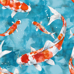 watercolor seamless pattern with koi carps. white and red fish in the pond