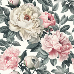 seamless watercolor pattern with peony flowers. vintage print with pink and white flowers