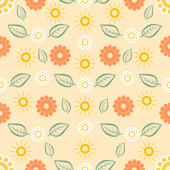 seamless pattern of flowers, leaves and sun in yellow, orange and green, spring and summer design with natural elements, repeating texture of flowers and leaves, ideal for fashion, textiles and paper 
