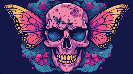 Skull and butterfly wing. Colorful doodle. vector illustration
