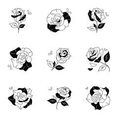 Set Pack of Cherry Rose Flowers Hand Drawn Icons 

