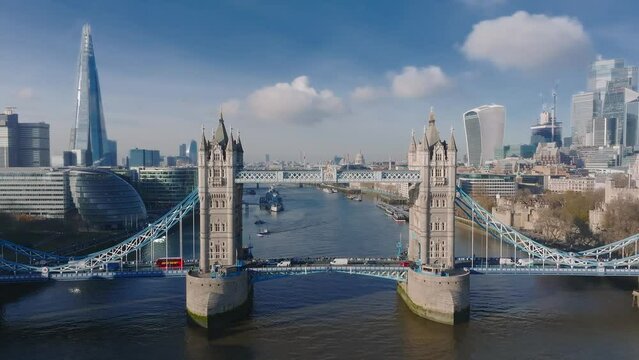 Aerial view of the Tower Bridge in London. One of London's most famous bridges and must-see landmarks in London. Beautiful panorama of London Tower Bridge.