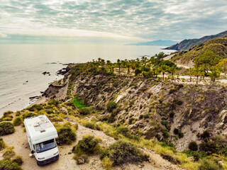 Camper car on coast, Almeria Spain - 784503243