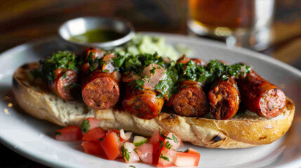 Authentic argentinian choripan served with fresh chimichurri and diced tomato salad on a wooden table - obrazy, fototapety, plakaty