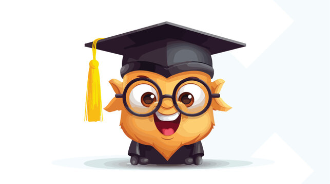 Smiley face in graduation cap. Happy emoticon in gl