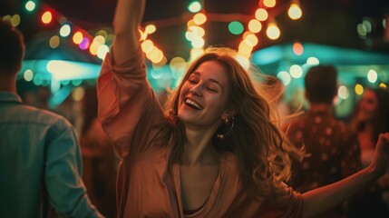 Happy woman and her boyfriend dancing at open air music concert at night