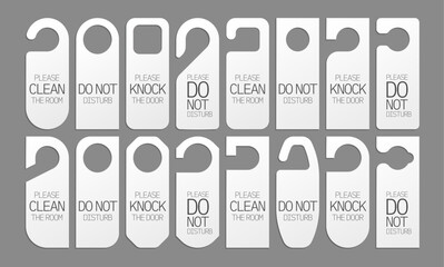 Door knob hangers. Do not disturb sign for hotel room, paper tag with message knock make noise, room occupied label. Vector isolated set