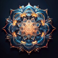 Intricate Symmetrical Mechanical Mandala in Metallic Hues.