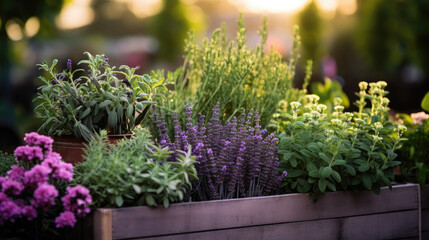 Wooden raised beds in modern urban garden with growing plants flowers herbs spices and vegetables