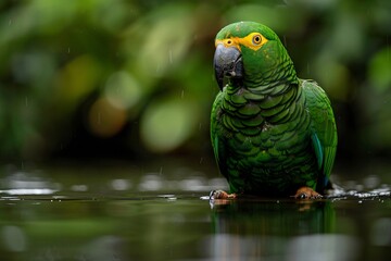 A green parrot perched on top of a water puddle