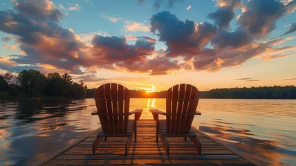 Poster wooden chairs on an old dock at sunset © Yuwarin