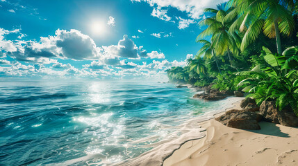 Pristine Caribbean Beach with Clear Blue Waters and Lush Palm Trees, Perfect Sunny Day - obrazy, fototapety, plakaty