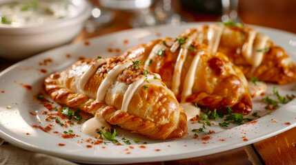 Savory baked argentine empanadas drizzled with creamy sauce on a plate with garnish - obrazy, fototapety, plakaty