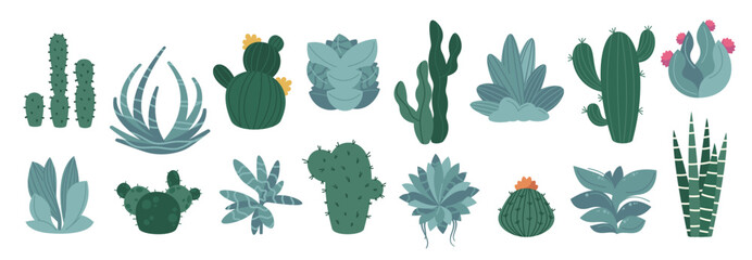 Cactus and succulent plants. Cartoon prickly decorative botanical garden elements, cute agave and cacti with thorns and spikes. Vector isolated collection