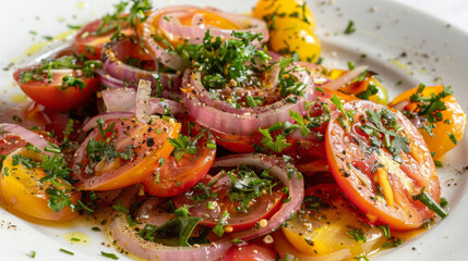Freshly prepared tomato salad with onions and herbs, a traditional dish in argentina - obrazy, fototapety, plakaty