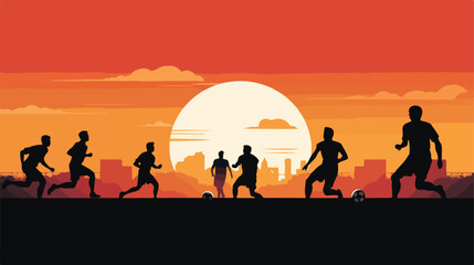 Soccer football players in silhouette playing a mat
