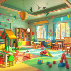 Kindergarten interior. Playground room preschool building with kitchen lessons game place and bedroom little kids vector 3d interior. Illustration kindergarten interior, playground room and dinning -
