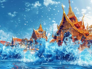 Dynamic backdrop of a Thai water festival Songkran - obrazy, fototapety, plakaty