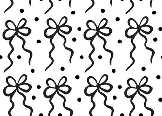 Cute bow ribbons black and white seamless pattern y2k, Hand drawn girly style. Vector illustration