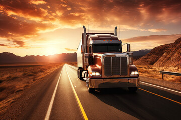 truck driving on a highway during sunset in the desert