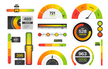 Gauges measuring scale. Tachometer dial speedometer bar graph, progress bar and score level indicators. Vector infographic elements