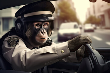 chimpanzee in police uniform driving a car - obrazy, fototapety, plakaty