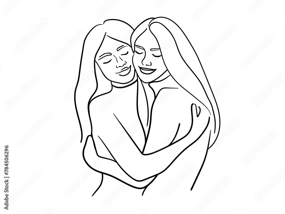 Wall mural two girlfriends hugging isolated on white background. friendship line art drawing. vector illustrati