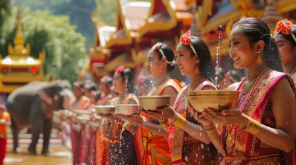 Festive Songkran scene women in vibrant traditional outfits