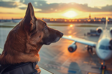Police dog on duty at airport security checkpoint - obrazy, fototapety, plakaty